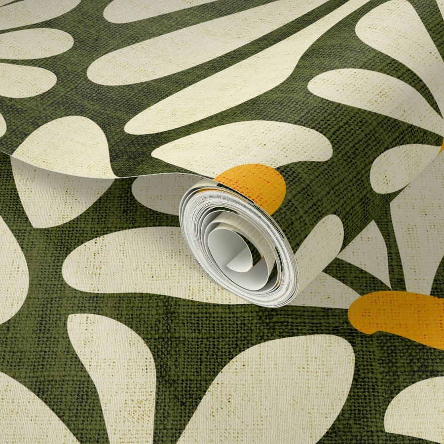 Retro Whimsy Daisy- Flower Power on Olive Green- Eggshell Floral- Large Scale