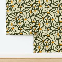 Retro Whimsy Daisy- Flower Power on Olive Green- Eggshell Floral- Large Scale