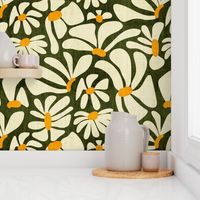 Retro Whimsy Daisy- Flower Power on Olive Green- Eggshell Floral- Large Scale