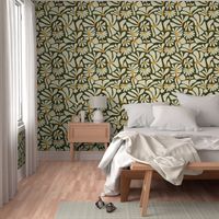 Retro Whimsy Daisy- Flower Power on Olive Green- Eggshell Floral- Large Scale