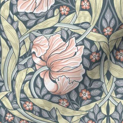 Pimpernel By William Morris- Medium - Perfect Glamour for Heritage, English Cottage, A New Farmhouse - Grandmillennial Opulent Victorian Pimpernell Flowers For Luxury Elegant Home Decor and Wallpaper -pale green Peach gray 