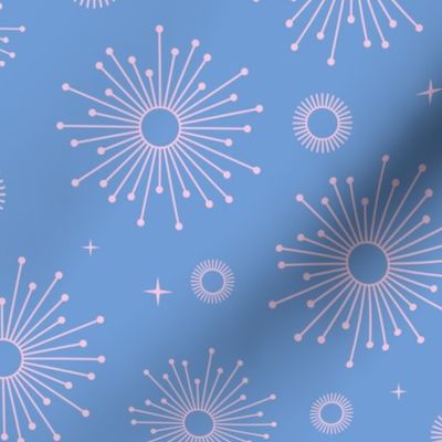 Mid-century modern sunshine sparkle abstract sunny boho sunshine and fireworks stars pink blush on periwinkle blue spring