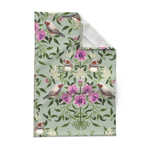 Bright birds and flower botanical intricate damask pattern for wallpaper and fabric on duck egg green, large scale