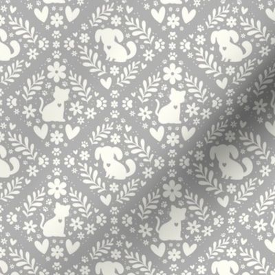 Small Scale Dogs and Cats Floral Damask Ivory on Grey