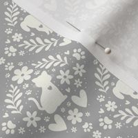 Small Scale Dogs and Cats Floral Damask Ivory on Grey