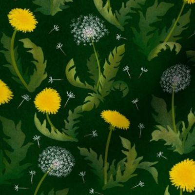 Dandelion Dance on Dark Green by Artfulfreddy