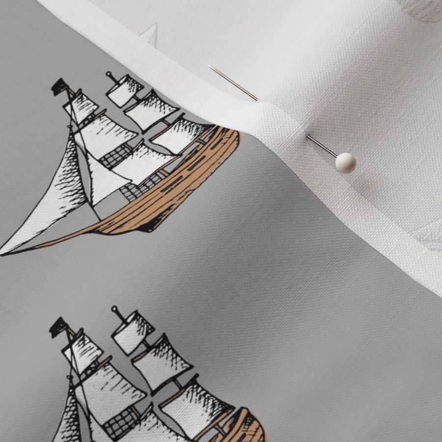 Pirate adventures sailing boats - freehand sketch on gray 