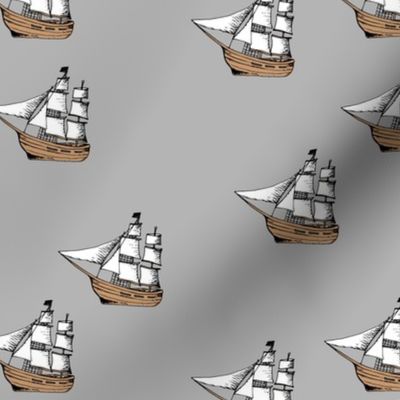 Pirate adventures sailing boats - freehand sketch on gray 