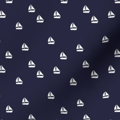 Minimalist style sailing boat marina summer ocean theme white on navy blue 