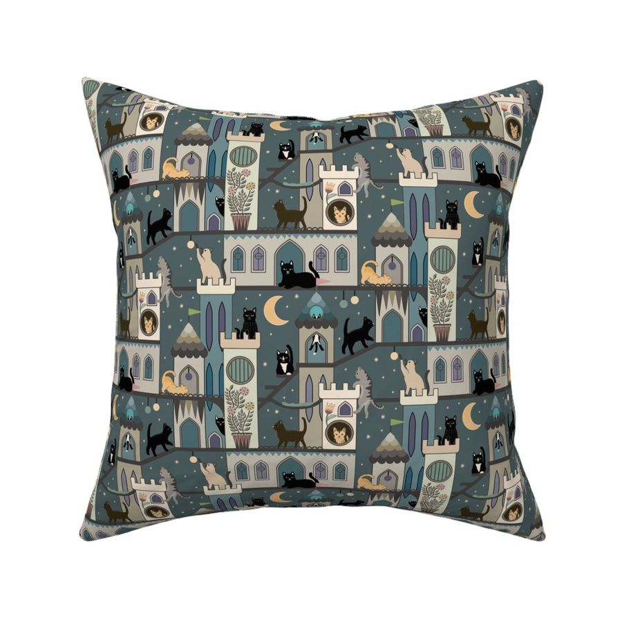 Realm of the cats, night - cat castle, climbing tree, moon and flowers - teal, blue-grey - small