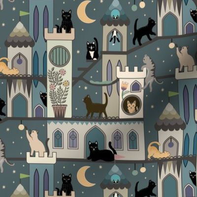 Realm of the cats, night - cat castle, climbing tree, moon and flowers - teal, blue-grey - small