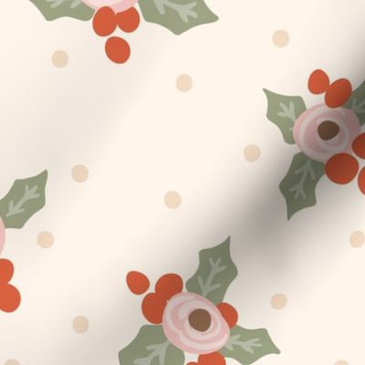 Christmas rose and cherries - baby pink, sage green, red and pink // big scale