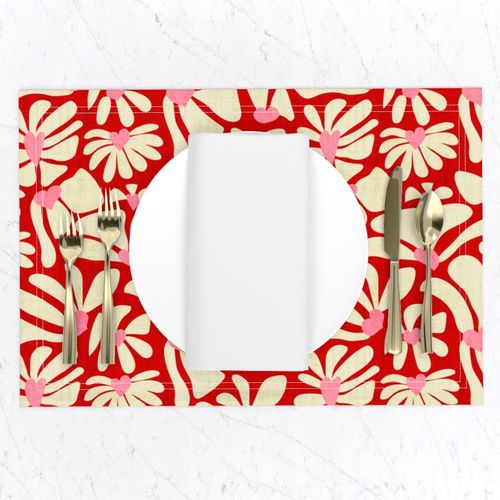 Retro Whimsy Heart Daisy- Flower Power on Red - Eggshell Pink Floral- Regular Scale