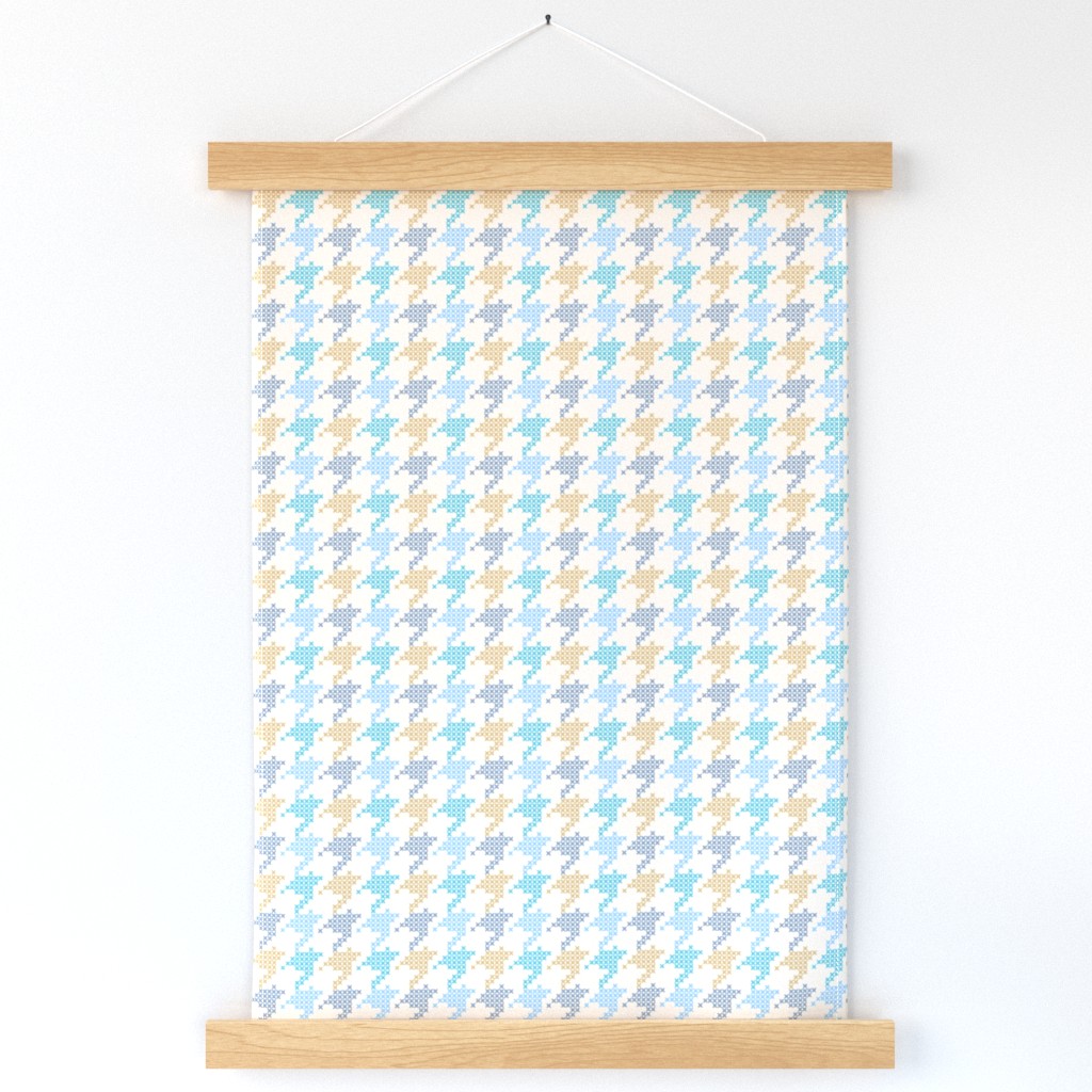 Small scale classic faux cross stitch hounds tooth pattern, for nursery, baby rooms, kids apparel, baby accessories, calming wallpaper, fresh pastel bed linen, crafts and curtains - aqua, mustard and blue