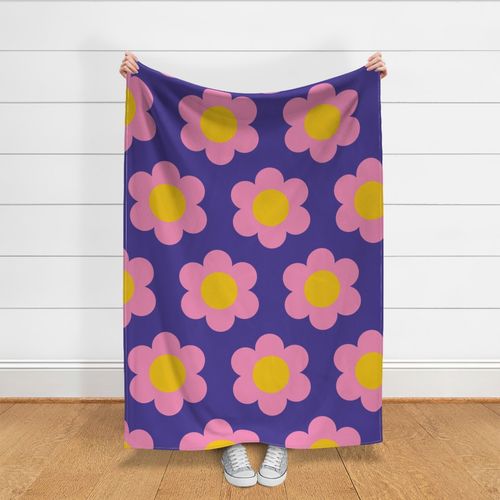 Jumbo 60s Flower Power Daisy - pink on dark slate blue - retro floral 