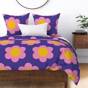 Jumbo 60s Flower Power Daisy - pink on dark slate blue - retro floral 