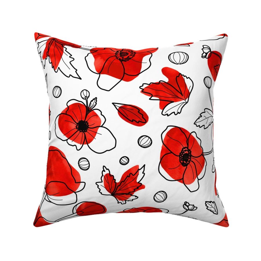 UPD L Anemone buttercup florals bold line art - poppy red spots black white