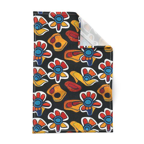 tribal flowers in blue and red