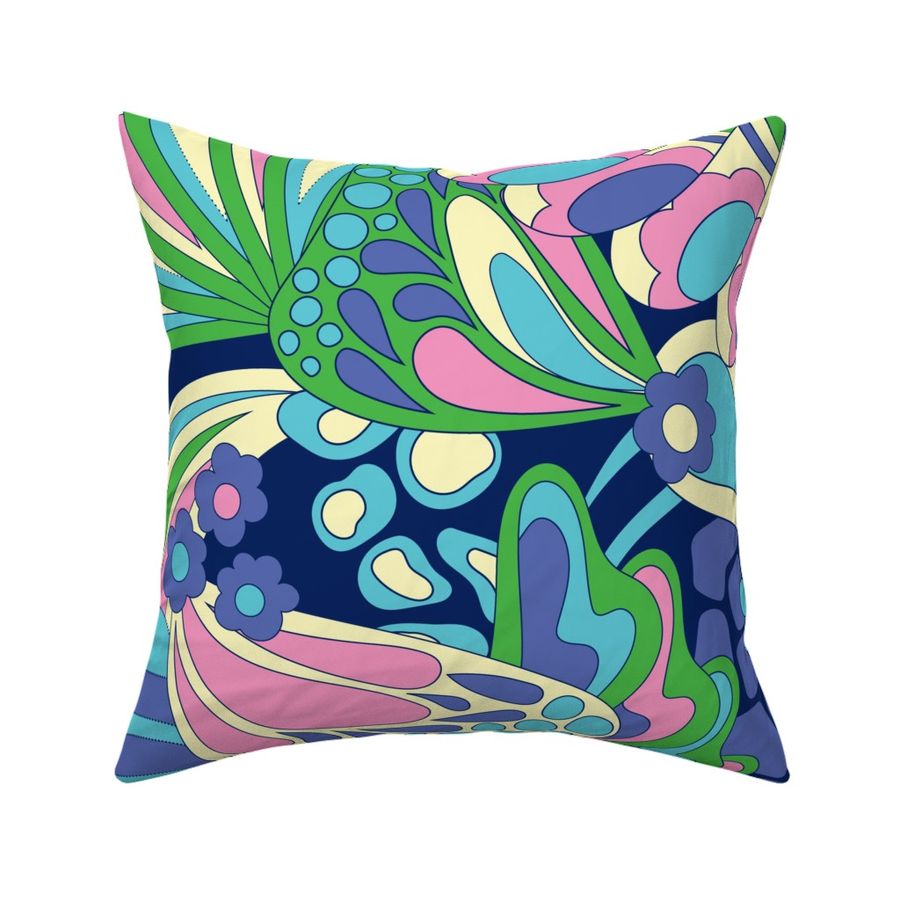 60s retro abstract animal print featuring butterfly wings, giraffe, zebra and cheetah in green, blue, pink and purple