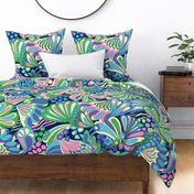 60s retro abstract animal print featuring butterfly wings, giraffe, zebra and cheetah in green, blue, pink and purple