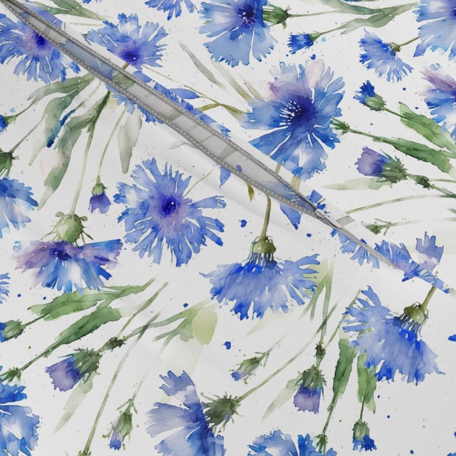 10" A beautiful cute midsummer flower garden with blue cornflowers on white background-  blossoms and green leaves and splashes for home decor Baby Girl  and  nursery fabric perfect for kidsroom wallpaper,kids room