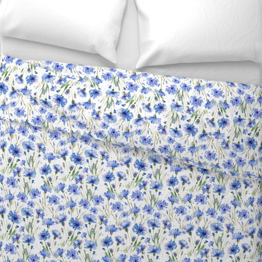 10" A beautiful cute midsummer flower garden with blue cornflowers on white background-  blossoms and green leaves and splashes for home decor Baby Girl  and  nursery fabric perfect for kidsroom wallpaper,kids room