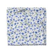 10" A beautiful cute midsummer flower garden with blue cornflowers on white background-  blossoms and green leaves and splashes for home decor Baby Girl  and  nursery fabric perfect for kidsroom wallpaper,kids room