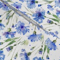 10" A beautiful cute midsummer flower garden with blue cornflowers on white background-  blossoms and green leaves and splashes for home decor Baby Girl  and  nursery fabric perfect for kidsroom wallpaper,kids room