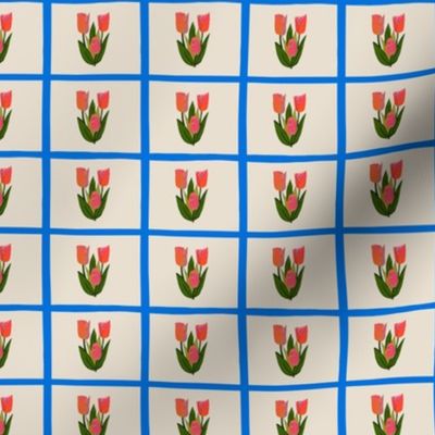 Neon Pink Tulips Blue Windowpane Plaid Multi Color Spring Floral Small Scale