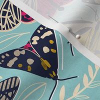 Small scale // Quirky beautiful moths // mint textured background oxford navy blue ivory yellow and fuchsia pink tiger moth insects