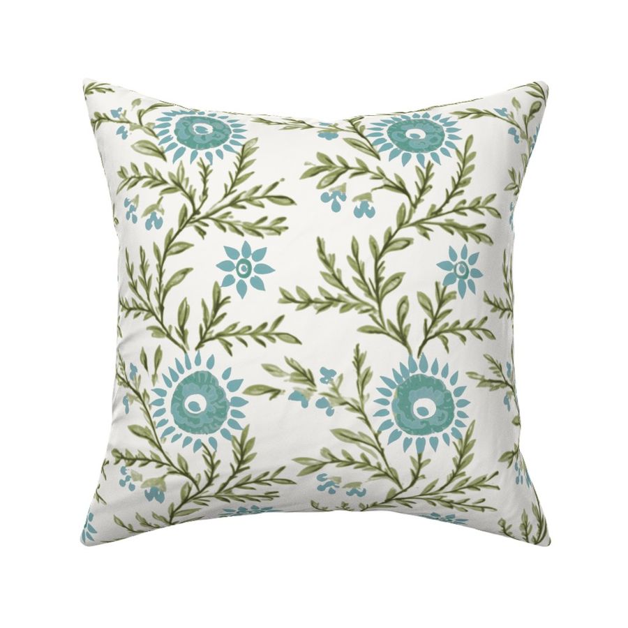 Block Print Sunflower Aqua and Olive