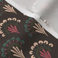 474 - Medium small scale in mauve pink, forest green, charcoal grey and cream clamshells featuring a loose hand drawn bouquet of fantastical mushroom fungi, organic squiggles and leaves - for dresses and tops, napkins and table runners and cute fall proje