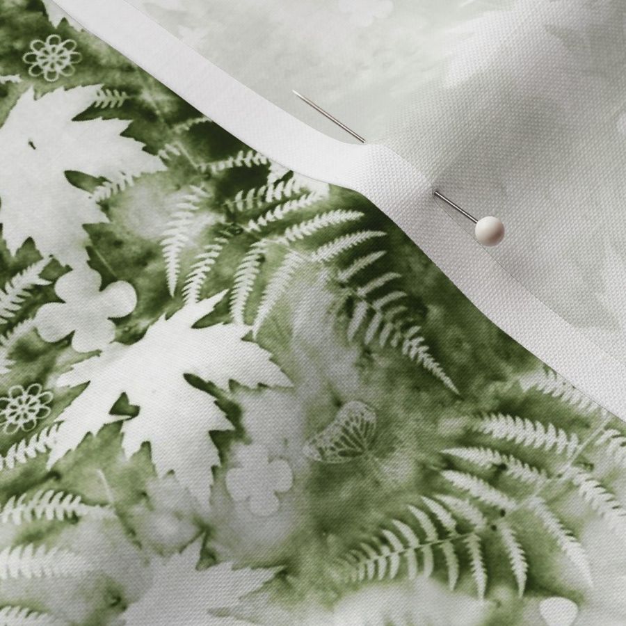 Medium Shades of Dark Moss Green and White Ferns and Maples Sunprints