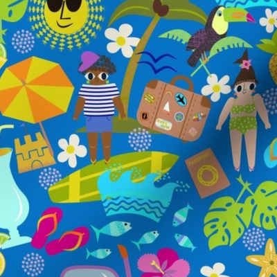 Island Vacation / blue background / multicolored