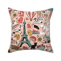 Paris Je T'aime! // normal scale // blush coral background black and white coral spearmint and yellow mustard France popular travel motifs monuments museums bike pastel café champagne baguette croissant moules metro fashion perfume hot air