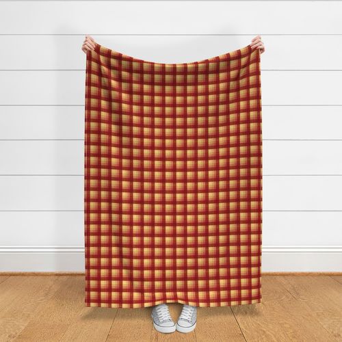 Cabin core rustic warm and joyful plaid with burlap texture rich russet reds, and yellows 6” repeat