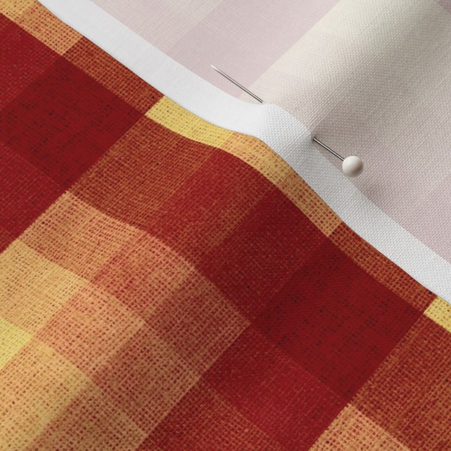 Cabin core rustic warm and joyful plaid with burlap texture rich russet reds, and yellows 6” repeat