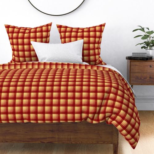 Cabin core rustic warm and joyful plaid with burlap texture rich russet reds, and yellows 6” repeat