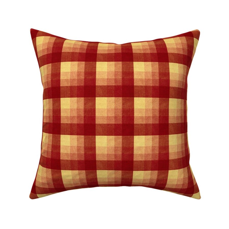 Cabin core rustic warm and joyful plaid with burlap texture rich russet reds, and yellows 6” repeat