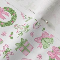 Pink & Green CHRISTMAS TOILE WATERCOLOR PREPPY GRAND MILLENNIAL SNOW MUCH FUN, Stocking, Christmas Bow Wreath, Cosy Cottage 6" PF139R