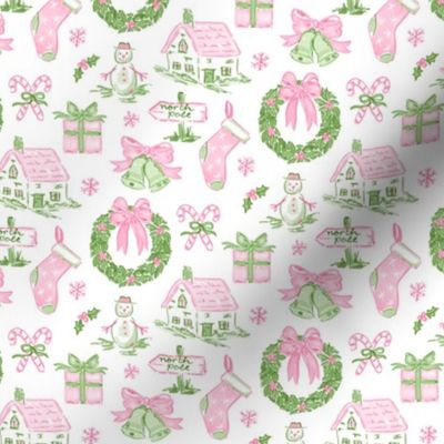 Pink & Green CHRISTMAS TOILE WATERCOLOR PREPPY GRAND MILLENNIAL SNOW MUCH FUN, Stocking, Christmas Bow Wreath, Cosy Cottage 6" PF139R