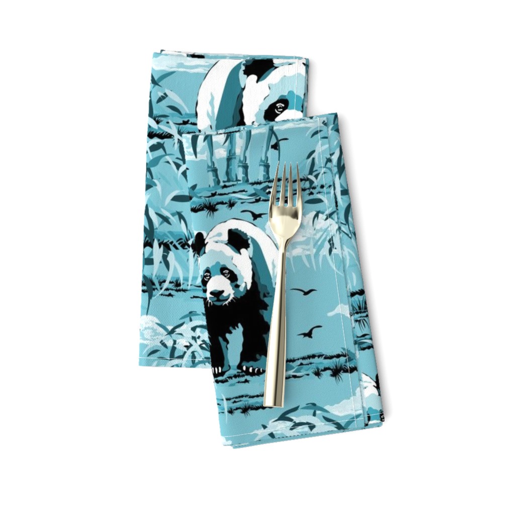 Aqua Blue and White Panda Bears, Wild Panda Habitat Lush Bamboo Forest, Modern Aqua Blue Monochrome Panda Habitat, Wild Panda Bamboo Forest, Cute Bear Wildlife Bamboo Grove Forest, Endangered Black White Giant Panda Bears, Flying Birds Summer Sky