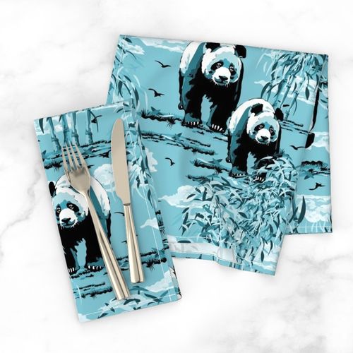 Aqua Blue and White Panda Bears, Wild Panda Habitat Lush Bamboo Forest, Modern Aqua Blue Monochrome Panda Habitat, Wild Panda Bamboo Forest, Cute Bear Wildlife Bamboo Grove Forest, Endangered Black White Giant Panda Bears, Flying Birds Summer Sky