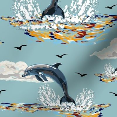 Modern Vintage Dolphins Swimming, Vintage Blue Sea Landscape, Marine Blue Ocean Waves, Deep Blue Sea, Marine Mammal Flying Porpoise, Marine Dolphin Art, Dolphin Pod Jumping, Wild Dolphin Pattern, Playful Porpoise Pod Splashing, Wild Deep Blue Ocean Waves