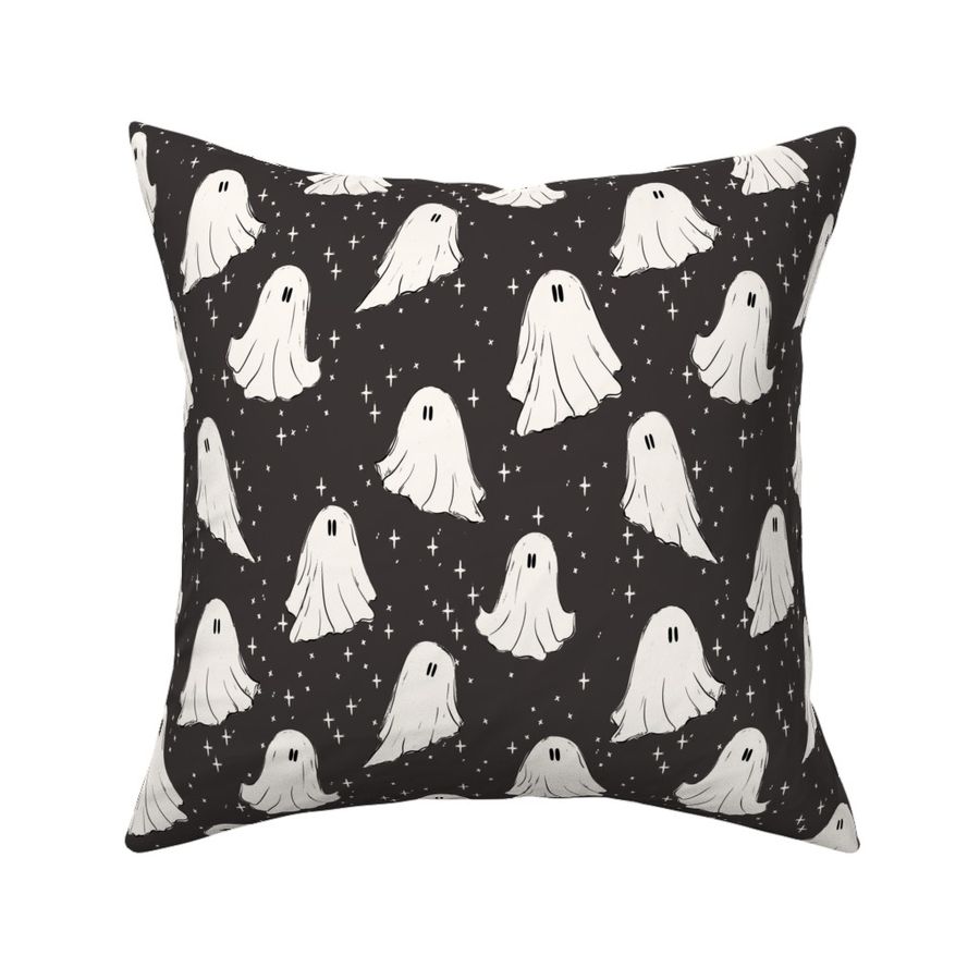 cute ghosts in the night in midnight sky black and warm white