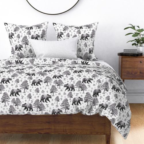 Black and White Bear Forest Toile, Bears in Pine Tree Woods Foraging Small Wild Flowers and Toadstools, Mamma Bear Forest Walking, Small Woodland Flowers, Curious Wild Mom Grizzly Bear, Monochrome Gray Wild Animal Toile De Jouy, Hungry Bear, Medium Scale