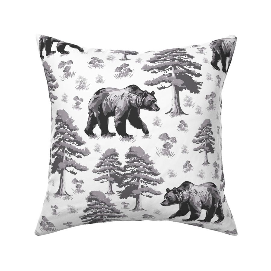 Black and White Bear Forest Toile, Bears in Pine Tree Woods Foraging Small Wild Flowers and Toadstools, Mamma Bear Forest Walking, Small Woodland Flowers, Curious Wild Mom Grizzly Bear, Monochrome Gray Wild Animal Toile De Jouy, Hungry Bear, Medium Scale