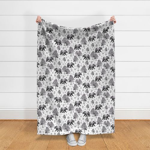 Black and White Bear Forest Toile, Bears in Pine Tree Woods Foraging Small Wild Flowers and Toadstools, Mamma Bear Forest Walking, Small Woodland Flowers, Curious Wild Mom Grizzly Bear, Monochrome Gray Wild Animal Toile De Jouy, Hungry Bear, Medium Scale