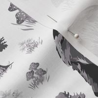 Black and White Bear Forest Toile, Bears in Pine Tree Woods Foraging Small Wild Flowers and Toadstools, Mamma Bear Forest Walking, Small Woodland Flowers, Curious Wild Mom Grizzly Bear, Monochrome Gray Wild Animal Toile De Jouy, Hungry Bear, Medium Scale