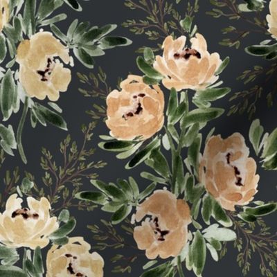 Medium - Watercolour Peach and Beige Floral Bouquet - Sophie Florals - Charcoal Brown - Leaves, Foliage 